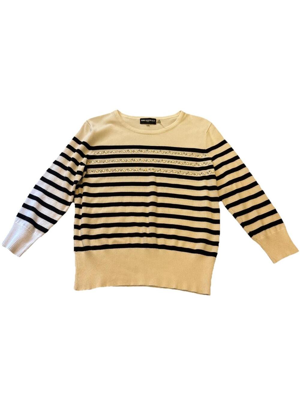 Karl Lagerfeld Paris Striped Long Sleeve Top Womens White Black Beaded Detail S
